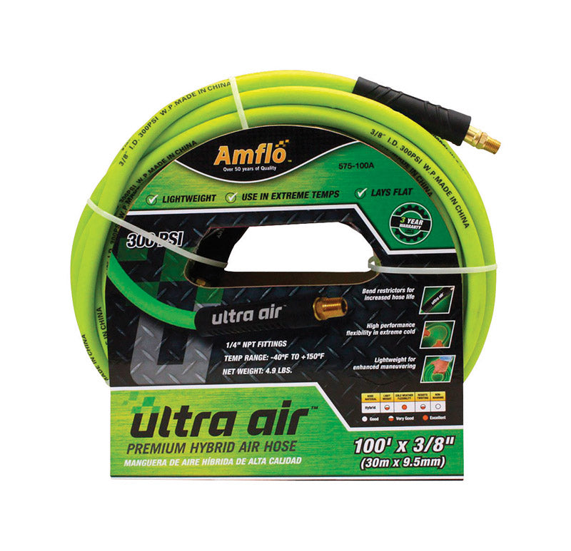 Amflo Ultra Air 100 ft. L X 3/8 in. D Rubber/PVC Hybrid Air Hose 300 psi Yellow