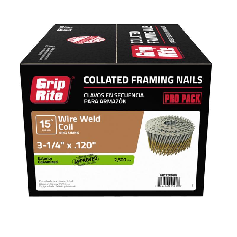 Grip-Rite 3-1/4 in. L X 11 Ga. Wire Coil Hot-Dip Galvanized Framing Nails 15 deg 2500 pk