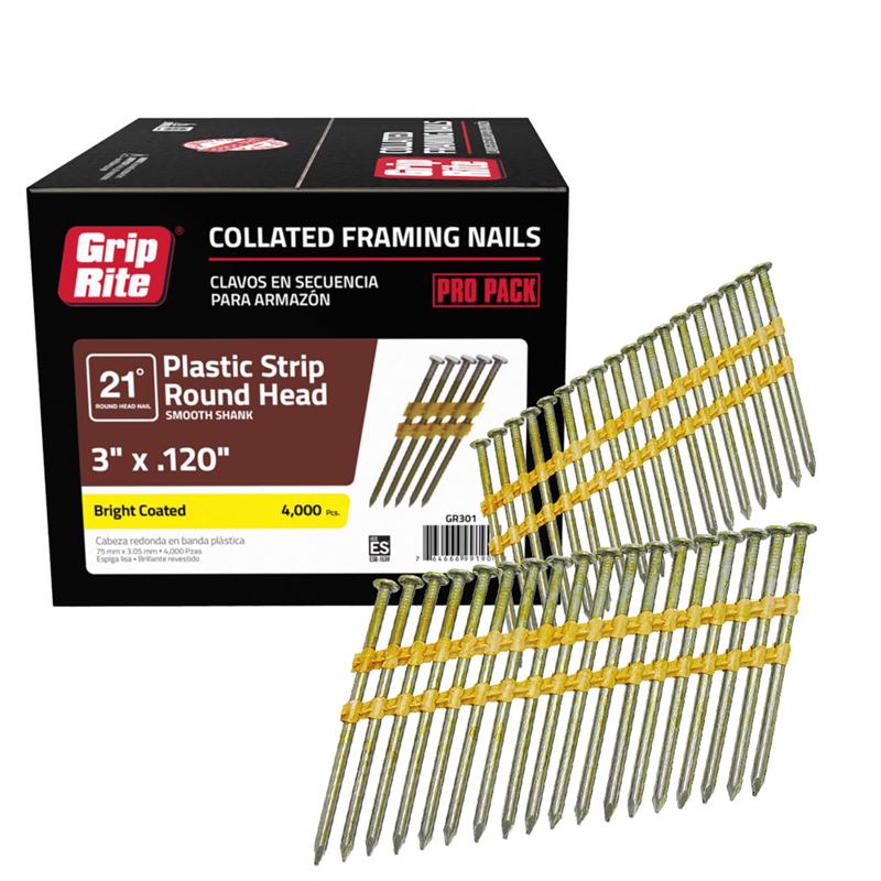 Grip-Rite 3 in. L X 11 Ga. Angled Strip Bright Framing Nails 21 deg 4000 pk