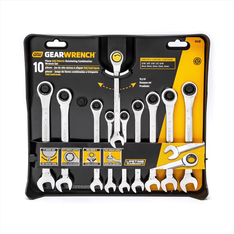 GEARWRENCH 12 Point Metric and SAE Ratcheting Combination Wrench Set 10 pc