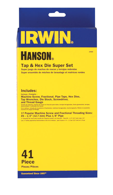 Irwin Hanson High Carbon Steel SAE Hex Tap and Die Set 4-40NC, 6-32NC, 8-32NC, 10-24NC, 10-32NF, 12-