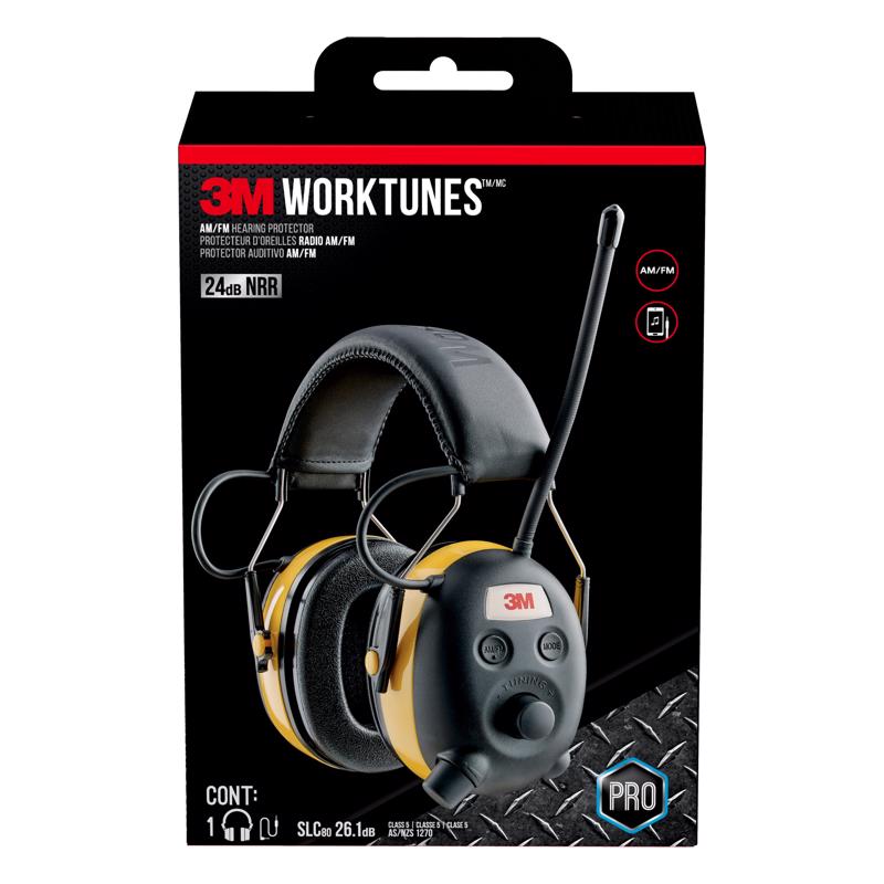 3M WorkTunes 24 dB Plastic Professional Hearing Protectors Black/Yellow 1 pk