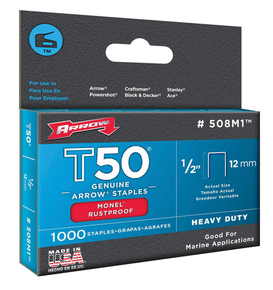 Arrow Monel T50 3/8 in. W X 1/2 in. L 18 Ga. Flat Crown Heavy Duty Staples 1000 pk