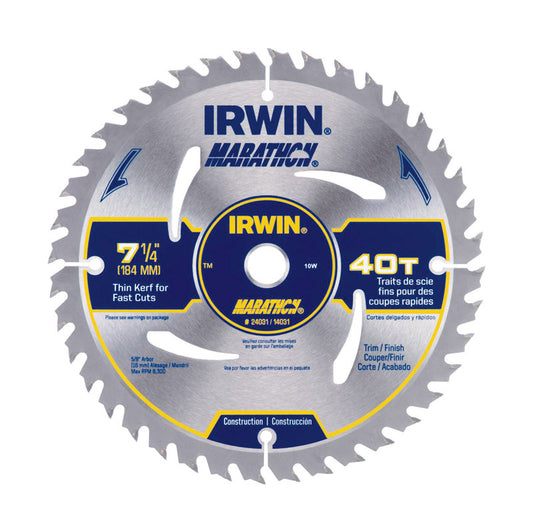 Irwin Marathon 7-1/4 in. D X 5/8 in. Carbide Circular Saw Blade 40 teeth 1 pk