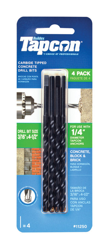 Tapcon 3/16 in. X 4-1/2 in. L Carbide Tipped Concrete Masonry Drill Bit Set Straight Shank 4 pk