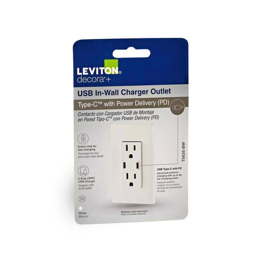 Leviton Decora 15 amps 125 V Duplex and Type C White Outlet and USB Charger 5-15 R 1 pk