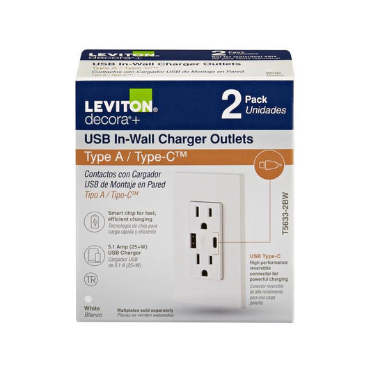 Leviton Decora 15 amps Type A/C Duplex White Outlet and USB Charger 5-15 R 2 pk