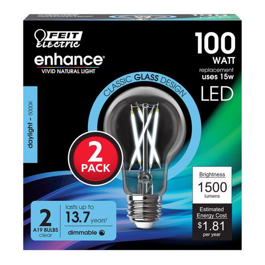 Feit Enhance A19 E26 (Medium) Filament LED Bulb Daylight 100 Watt Equivalence 2 pk