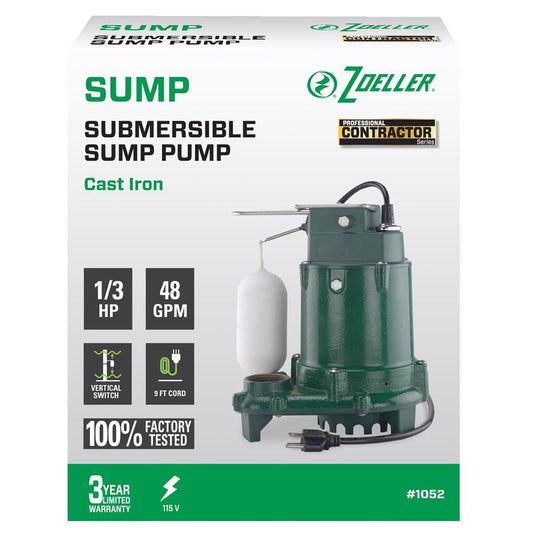 Zoeller 1/3 HP 2880 gph Cast Iron Vertical Float Switch AC Submersible Sump Pump