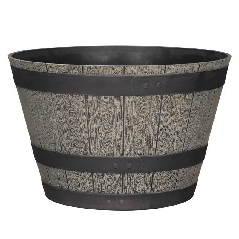 L&G 12 in. H X 19 in. W X 19 in. D X 19 in. D Polyresin Whiskey Barrel Planter Oak