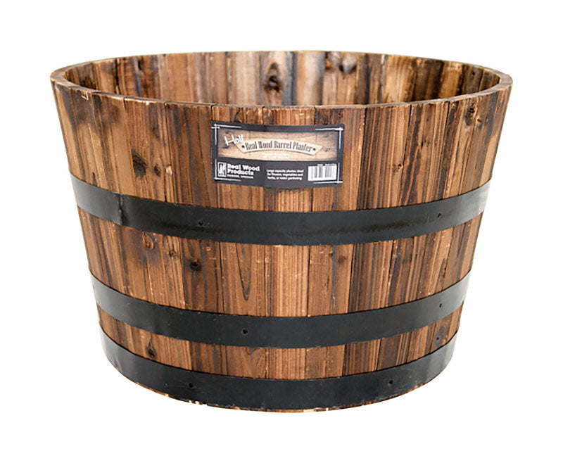 Real Wood Products 16.5 in. H X 26 in. W X 26 in. D Wood Half Whiskey Barrel Planter Brown