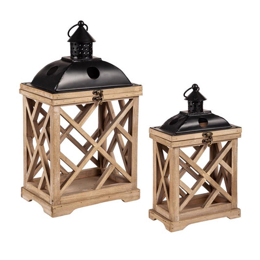 Meadow Creek Two Mantle Metal/Wood Hurricane Black/Brown Lantern